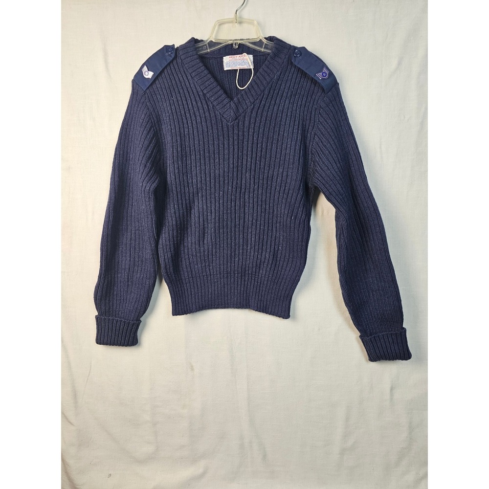 Iron Run USAF Wool Sweater Navy Blue V-Neck Ribbed Military Rank Insignia 38